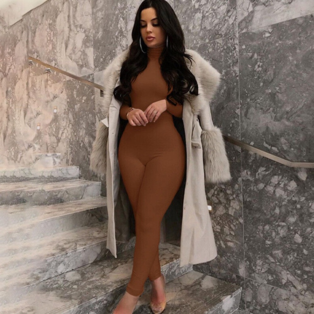 Brown High Neck Bodycon Jumpsuit